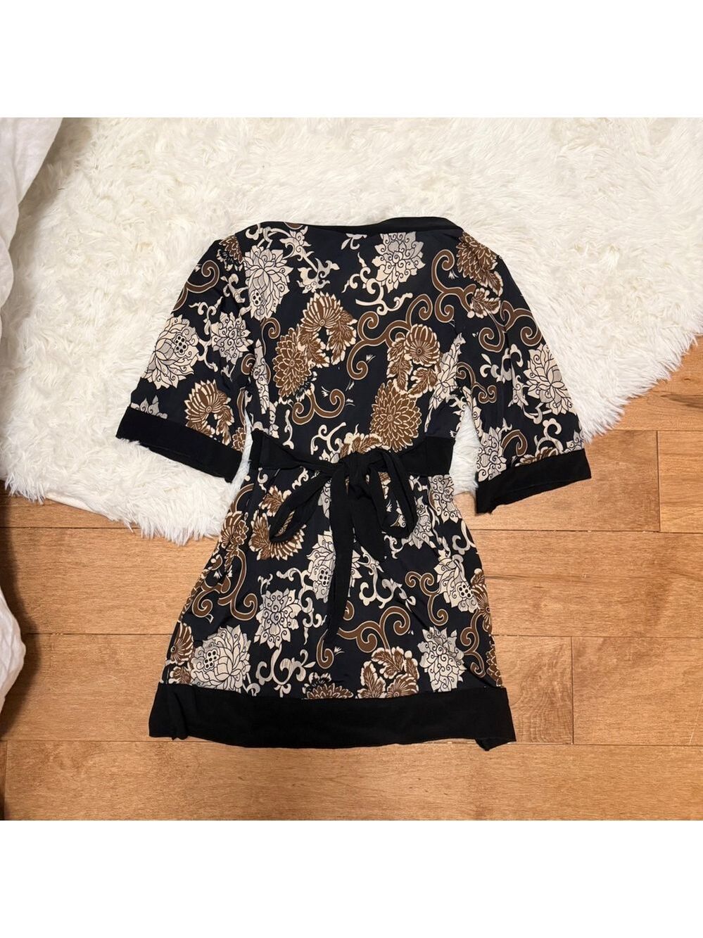 Vintage Wisse Floral Babydoll Mini Dress Brown Black Whimsigoth Womens Medium - Picture 3 of 4
